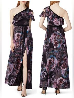 Fuzzi Tulle One Shoulder Gown Floral Watercolor Ruffle Sz XXL